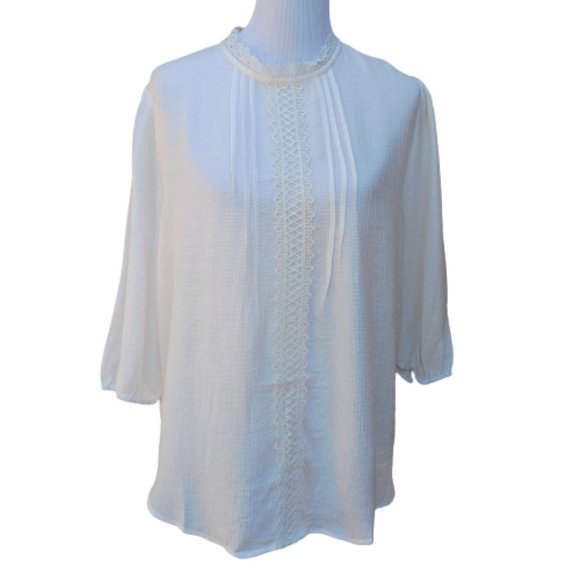 Blu Pepper Ivory Blouse High Neck 3/4 Sleeves Lace Trim Modest - Picture 2 of 10